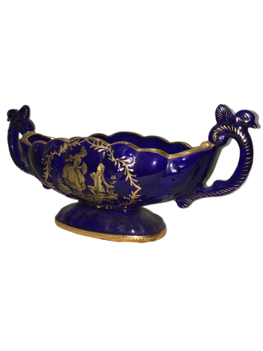Rare Italian Gold Plated Thun Cobalt Blue Porcelain Bowl Centerpiece